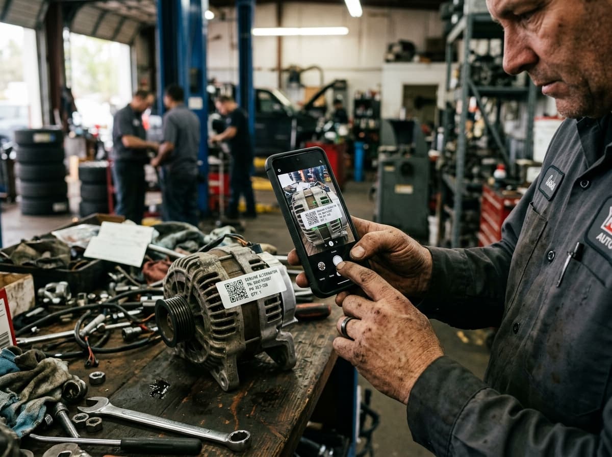 Fotografar e catalogar peça automóvel com telemóvel no armazém